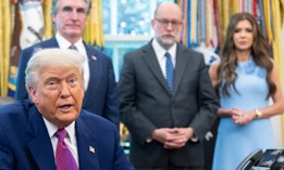 President Donald Trump, alongside Interior Secretary Doug Burgum, Office of Management and Budget Director Russell Vought and Homeland Security Secretary Kristi Noem in the Oval Office on June 10, 2025. Trump and Noem discussed some of the ways they would like to reform the Federal Emergency Management Agency.  